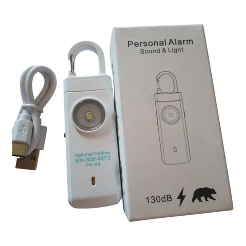 White Rechargeable Personal Alarm 130dB with Flash Light, USB Charger, Keyring