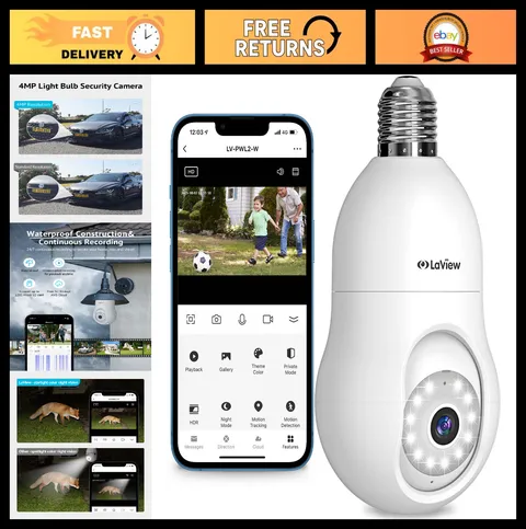 4MP Wireless Security Camera Bulb 360° Full Color Day/Night, Motion Detection, E