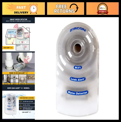 Smart WiFi Water Leak Detector Alarm - Email, Audio & Visual Alerts, Battery Inc