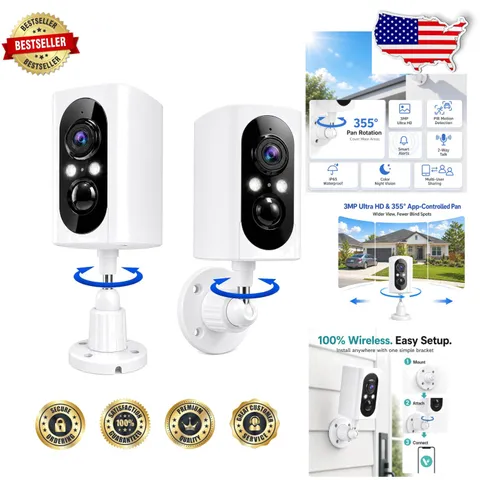 Wireless Outdoor Security Cameras 2K, 355° Pan, Dual Storage, Color Night Vision