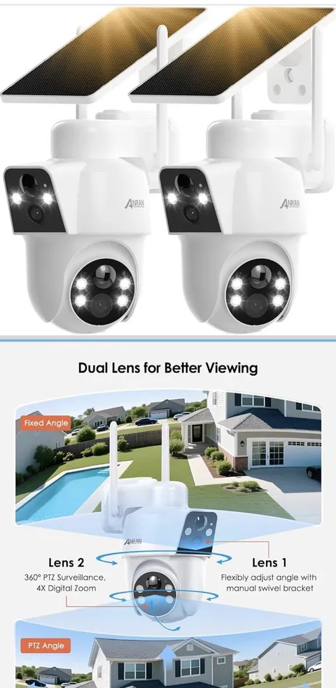 2 Pack Wireless Solar Security Camera Outdoor WiFi Dual Lens Camera Night Vision