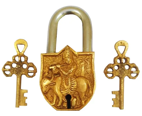 Handmade Vintage Style Rare Unique SriKrishna Brass Padlock With Keys