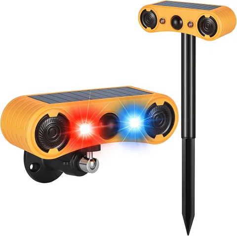 Solar Motion Sensor Alarm Outdoor, Red & Blue LED Strobe Light with 130Db Dual S