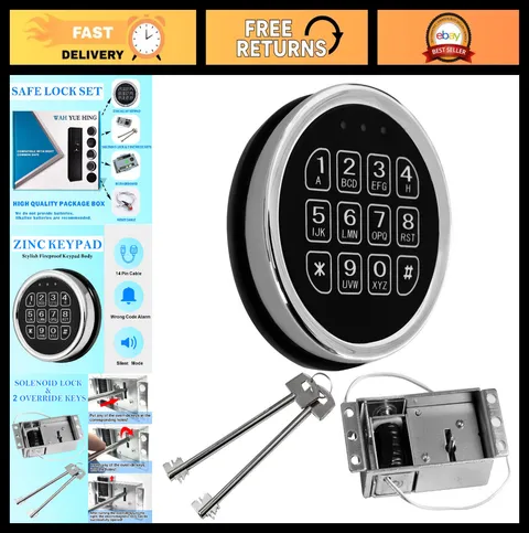 Electronic Gun Safe Lock Replacement - Chrome Keypad, Solenoid Lock, 2 Keys, Cir