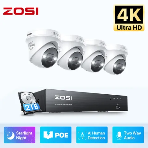 ZOSI 8CH 4K POE NVR Instant Alert Security 8MP Camera System 100ft Night Vision