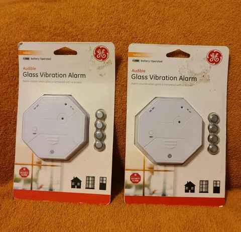 Two GE Audible Glass Vibration Alarm Indoor 36021 Needs new batteries dated 2016
