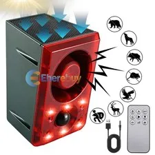 Solar Sound & Light Animal Alarm Dog Barking & Gunshot 130db Motion Det Outdoor