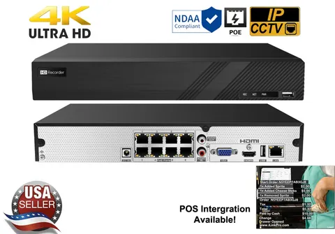8CH 8MP (4K) 4POE HD NVR, NDAA Compliant, POS Support!