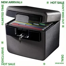 NEW Fireproof Waterproof Safe File Document Box Key Lock Black 14.3x15.5x13.5