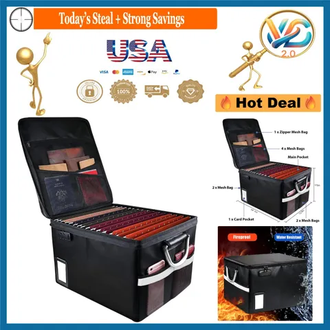 Fireproof Water-Resistant Document Box Lock Lids 16x13x11 Black