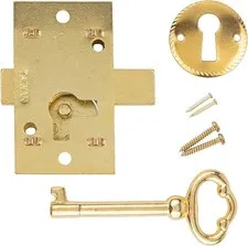 Small Brass Plated Flush Mount Cabinet Door Lock with Key - 1" Wide x 1 3/4"