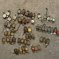 56x Antique / Vintage working Keys Padlocks Lot w/ Keys, Brass/Steel Hardened