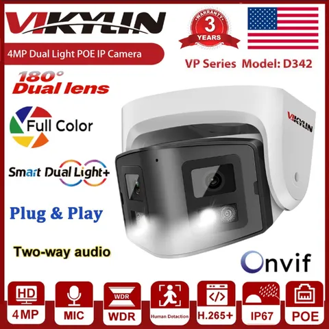 Vikyl 4MP Dual Lens POE IP Camera 180° Panoramic Color Night Vision Metal ONVIF