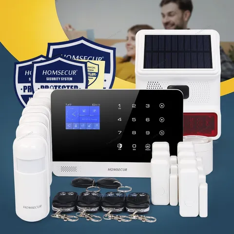 HOMSECUR Wireless WIFI 4G GSM Home Alarm System+Wireless Solar Red Flash Siren