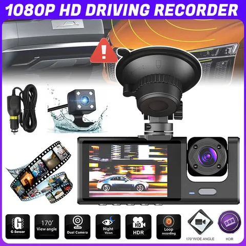 HD 1080P Front/Rear/Inside Video Recorder Camera G-sensor Car Dual Lens Dash Cam