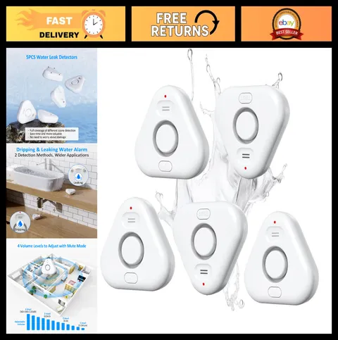 5 Pack Water Leak Detectors - Adjustable Audio Alarm 0-120dB, IP66 Sensor for Ho