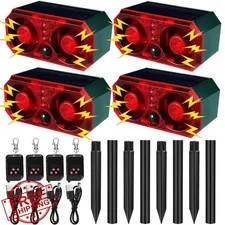 Qualirey 4 Pcs Solar Animal Deterrent Alarm, Loud Noise Maker, USB Remote