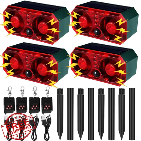 Qualirey 4 Pcs Solar Animal Deterrent Alarm, Loud Noise Maker, USB Remote