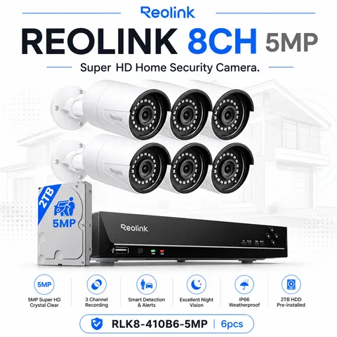 Reolink 8CH 5MP PoE Security Camera System 6 Cameras 2TB NVR AI Detection HD