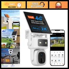 4G LTE Solar Wireless Security Camera, 360° PTZ, 2K Color Night Vision, No WiFi,