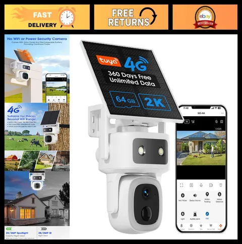 4G LTE Solar Wireless Security Camera, 360° PTZ, 2K Color Night Vision, No WiFi,