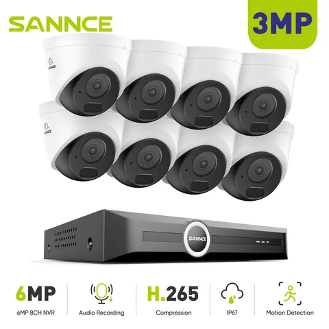 SANNCE 8CH 6MP NVR 3MP Audio Recording POE Security Camera System IR Night IP67