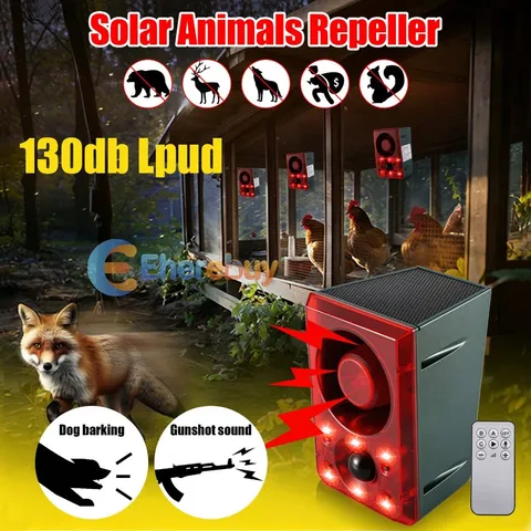 Solar Sound & Light Animal Alarm Dog Barking & Gunshot 130db Motion Det Outdoor