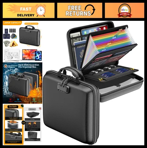 Fireproof Document Organizer with Lock, Hard-Shell Case & 13 Pocket Accordion Fo