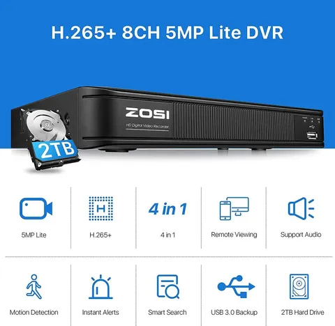 ZOSI H.265 5Mp-Lite HD 8CH DVR System 2TB Hard Drive AI Human Vehicle Detection