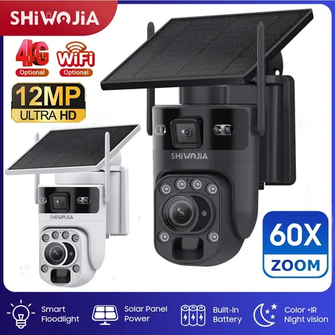 SHIWOJIA Solar Security Camera 4G/WIFI 60X Zoom 12MP PTZ Outdoor PIR Tracking