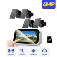 4MP Wireless Color Security Camera System Solar 4.4" Touch Monitor 2-Way Audio