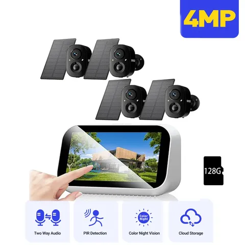 4MP Wireless Color Security Camera System Solar 4.4" Touch Monitor 2-Way Audio