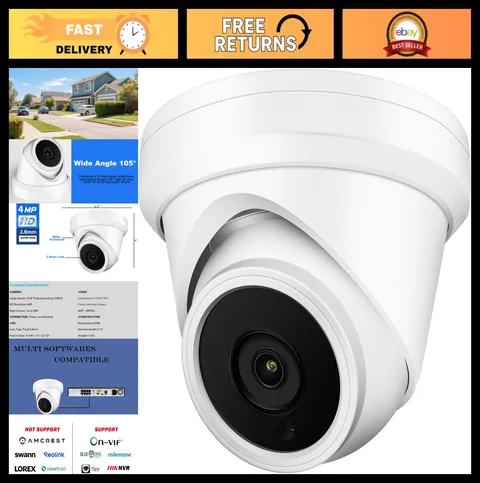 4MP PoE IP Turret Dome Camera, 2.8mm Wide Angle, H.265, Waterproof IP66, Outdoor