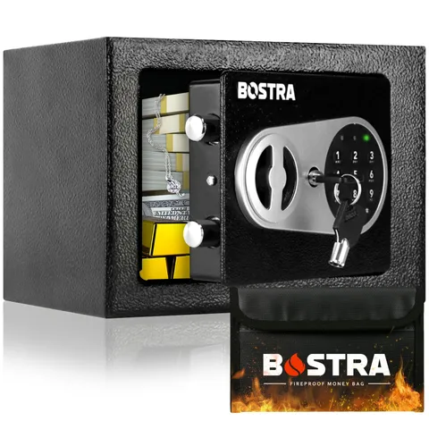 Bostra Fireproof Safe Box Digital Keypad 0.23 cu ft Silver Metal