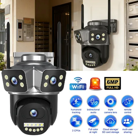 6MP Camara De Seguridad WIFI Para Casa Exterior Con Vision Nocturna Audio 3 Lens