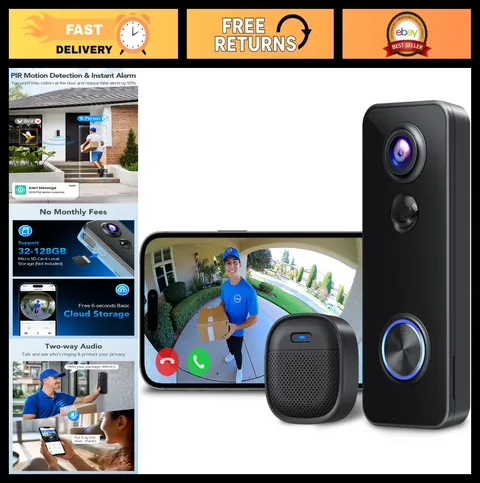 2K HD Video Doorbell Camera - Battery Powered, Night Vision, 2-Way Audio, PIR Al
