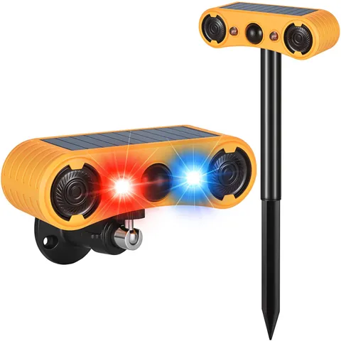 Solar Motion Sensor Alarm Outdoor, Red & Blue LED Strobe Light with Yellow