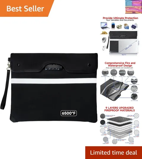 Upgraded 6500°F Fireproof Document Bag with Lock | Waterproof 9-Layer Heat In...