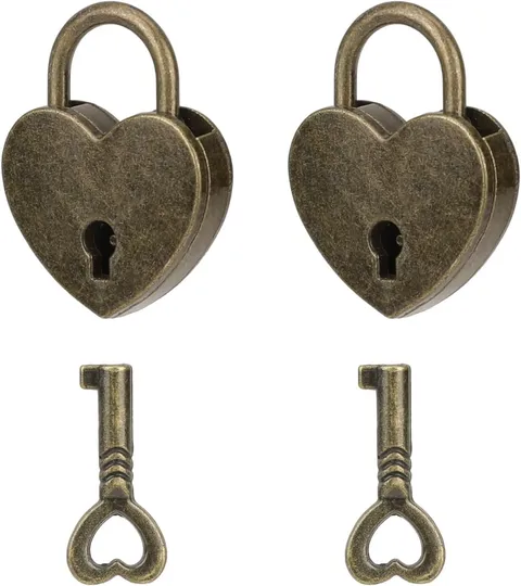 2 Pack Mini Bronze Antique Heart Shaped Padlock with Key, Small Vintage Lock