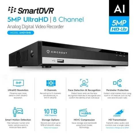 AMCREST 5MP ULTRAHD 8 CHANNEL DVR SECURITY CAMERA SYSTEM RECORDER - Black