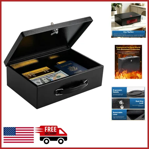 Durable Fireproof Document Safe Box with Key Lock, Scratch Resistant, Black