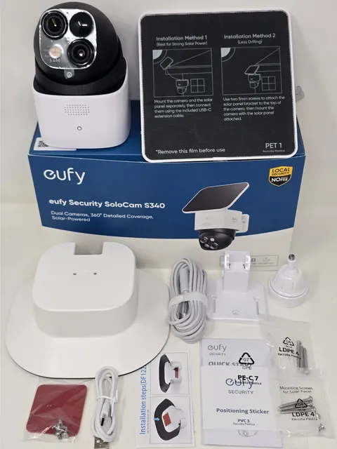 eufy SoloCam S340 Wireless Outdoor Solar Camera + Rain Cover & WiTi Gutter Mount