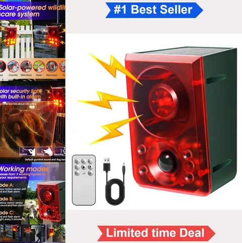 Solar Motion Sensor Alarm 130dB Noise Flashing Light Dog Barking Sound Wildlife