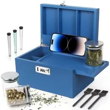 Large Blue Bamboo Box with Combination Lock, Decorative Storage Box with Remo...