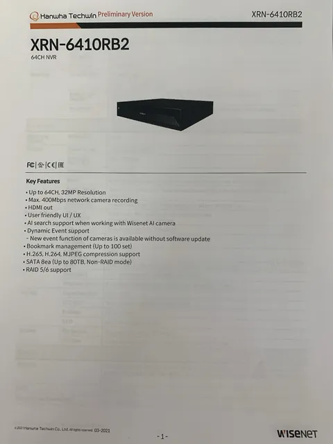 Hanwha Techwin XRN-6410RB2 16TB Network Video Recorder