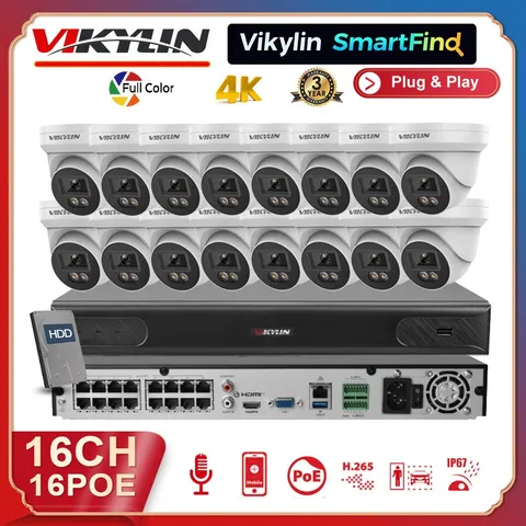 Vikylin SmartFind 4K 16ch 16 POE NVR CCTV System 8MP Camera Full Color Audio Lot