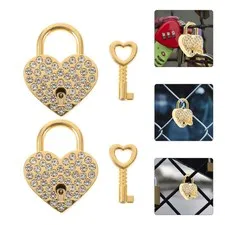 2Pcs Rhinestones Padlock Small Heart Shaped Metal Decorative Lock with Keys
