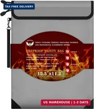Fireproof Document Bag 15.5"x11.2", Dual Zipper Pockets, Waterproof Fire Resista