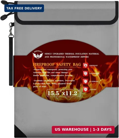 Fireproof Document Bag 15.5"x11.2", Dual Zipper Pockets, Waterproof Fire Resista