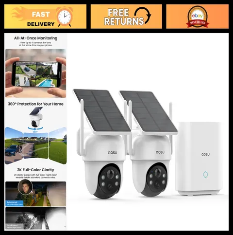 Wireless Solar Security Cameras 2-Cam Kit, 360° Auto Tracking, Night Vision, 32G